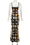 Yellow Sexy Print Patchwork Spaghetti Strap Long Dresses