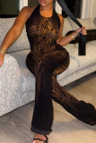 Brown Casual Print Patchwork O Neck Sleeveless Two Pieces