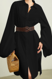 Black Casual Solid Color Buckle Shirt Collar Shirt Dresses