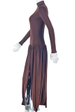 Dark Brown Elegant Solid Color Slit Turtleneck Long Dresses