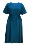 Blue Casual Solid Color Draw String V Neck Long Plus Size Dresses