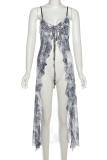 Grey Sexy Print Strap Design Spaghetti Strap Tops