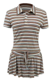 Multicolor Casual Stripe Lace Up Turndown Collar Short Sleeve Two Pieces