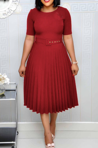 Burgundy Casual Solid Patchwork Tear With Belt O Neck A Line Dresses
