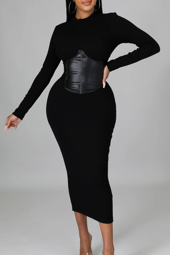 Black Casual Solid Color Zipper O Neck Wrapped Skirt Dresses