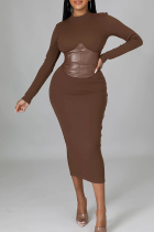 Coffee Casual Solid Color Zipper O Neck Wrapped Skirt Dresses