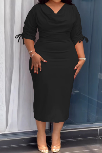 Black Elegant Solid Color Draw String V Neck Wrapped Skirt Plus Size Dresses