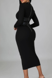 Red Casual Solid Color Zipper O Neck Wrapped Skirt Dresses