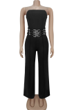 Burgundy Sexy Solid Color Metal Accessories Trim Strapless Regular Jumpsuits