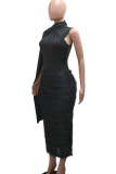 Black Elegant Solid Color Fluffy Turtleneck Long Dresses
