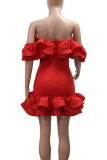 Red Sexy Solid Color Flounce Off Shoulder Dresses