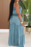 Blue Sexy Solid Color Patchwork Spaghetti Strap Loose Jumpsuits
