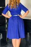 Royal Blue Elegant Solid Color With Belt Turndown Collar Long Dresses