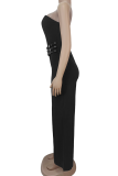 Burgundy Sexy Solid Color Metal Accessories Trim Strapless Regular Jumpsuits