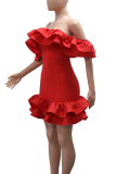 Red Sexy Solid Color Flounce Off Shoulder Dresses