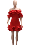 Red Sexy Solid Color Flounce Off Shoulder Dresses