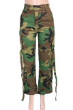 Army Green Casual Camouflage Print Pocket Loose Mid Waist Conventional Full Print Bottoms