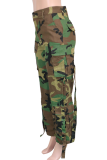 Army Green Casual Camouflage Print Pocket Loose Mid Waist Conventional Full Print Bottoms