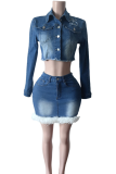 Sky Blue Sexy Solid Color Buckle Turndown Collar Long Sleeve Two Pieces