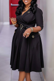 Light Blue Elegant Solid Color Pocket With Belt Turndown Collar Long Dresses