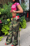 Army Green Casual Camouflage Print Pocket Loose Mid Waist Conventional Full Print Bottoms