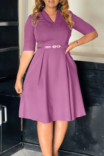 Pink Elegant Solid Color With Belt Turndown Collar Long Dresses
