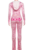 Pink Casual Leopard Print Zipper Hooded Long Sleeve Two Pieces