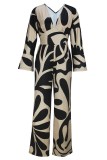 Brown Casual Print Patchwork V Neck Loose Jumpsuits