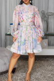 Light Blue Casual Print Buckle With Belt O Neck Printed Dresses
