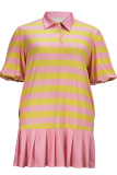 Pink Casual Stripe Contrast Turndown Collar Plus Size Dresses