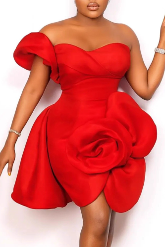 Red Sexy Solid Color Flower Shape Strapless Irregular Dresses
