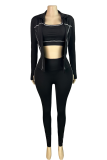 Black Casual Zipper Zipper Collar Long Sleeve Three Pieces