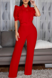 White Casual Solid Color Lace Strap Design Turndown Collar Regular Jumpsuits