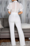 White Casual Solid Color Lace Strap Design Turndown Collar Regular Jumpsuits