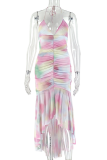 Colour Sexy Print Spaghetti Strap Irregular Dresses