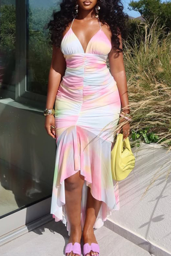 Colour Sexy Print Spaghetti Strap Irregular Dresses