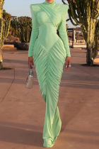 Green Elegant Solid Color Backless Ruched Turtleneck Long Dresses