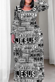 Black Casual Print Patchwork O Neck Long Dresses