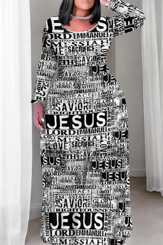 Black Casual Print Patchwork O Neck Long Dresses