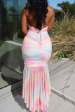 Colour Sexy Print Spaghetti Strap Irregular Dresses