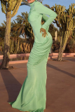 Green Elegant Solid Color Backless Ruched Turtleneck Long Dresses