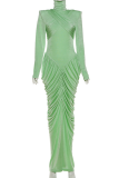 Green Elegant Solid Color Backless Ruched Turtleneck Long Dresses