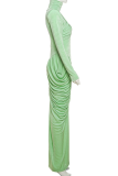 Green Elegant Solid Color Backless Ruched Turtleneck Long Dresses