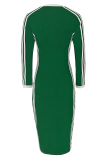 Coffee Casual Stripe Contrast V Neck Long Dresses