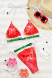 Watermelon Red Sexy Print Strap Design Swimwears