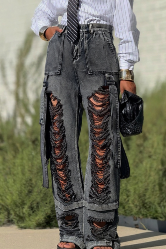 Black Casual Solid Color Ripped Mid Waist Loose Denim Jeans