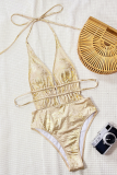 Gold Sexy Solid Color Backless Swimwears