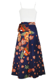 White Blue Casual Print Strap Design Spaghetti Strap Sleeveless Two Pieces