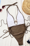 Coffee Sexy Solid Color Draw String Backless Swimwears