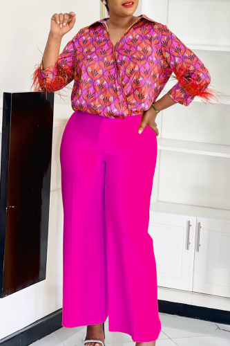 Rose Red Casual Print Buckle Feathers Shirt Collar Long Sleeve Two Pieces
